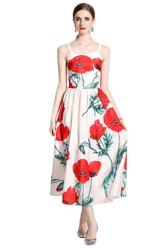 Women's Summer Boho Floral Print Spaghetti Strap Maxi Sun Dress