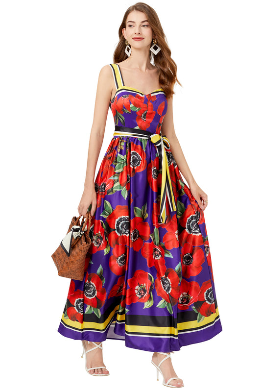 Women's Summer Boho Floral Print Spaghetti Strap Maxi Sun Dress