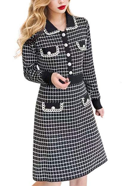 Knit  Plaid Dress Button Long Sleeve V- Neck Elegant Formal Mini Dress