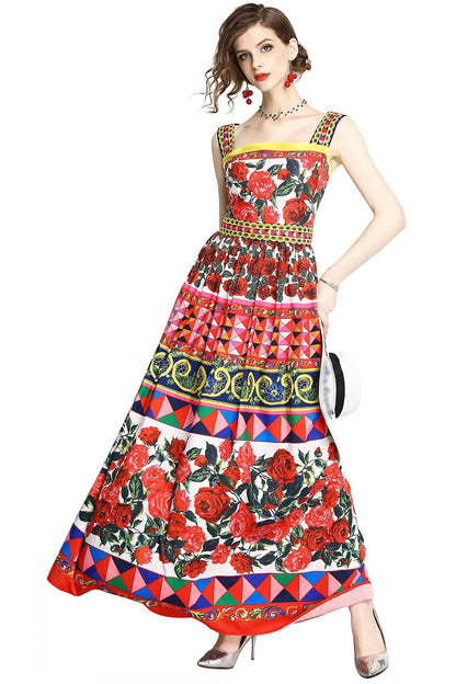 Women's Summer Boho Floral Print Spaghetti Strap Maxi Sun Dress