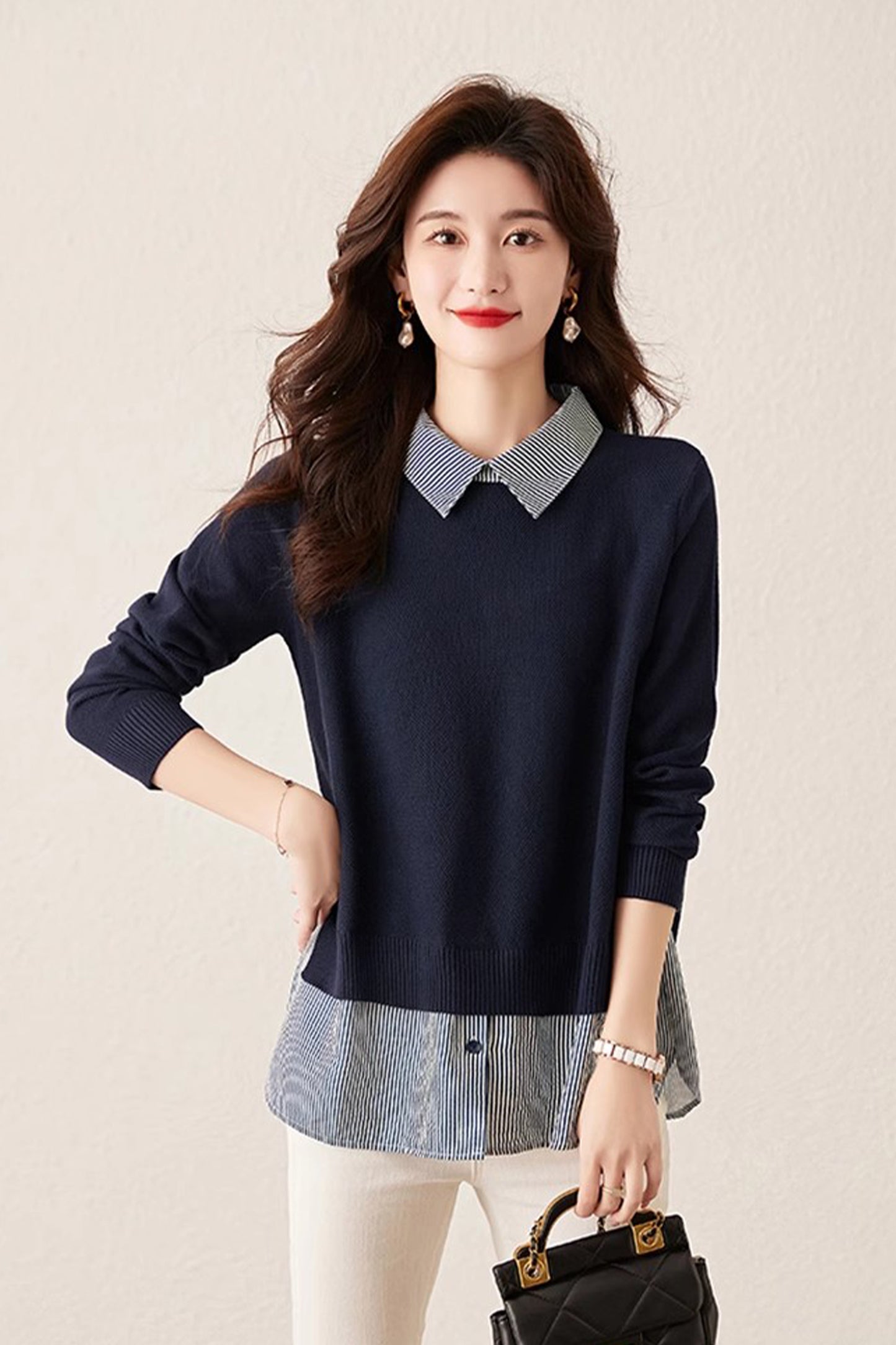 Women's Patchwork Shirt Collar Cotton  Knit Pullover Tops