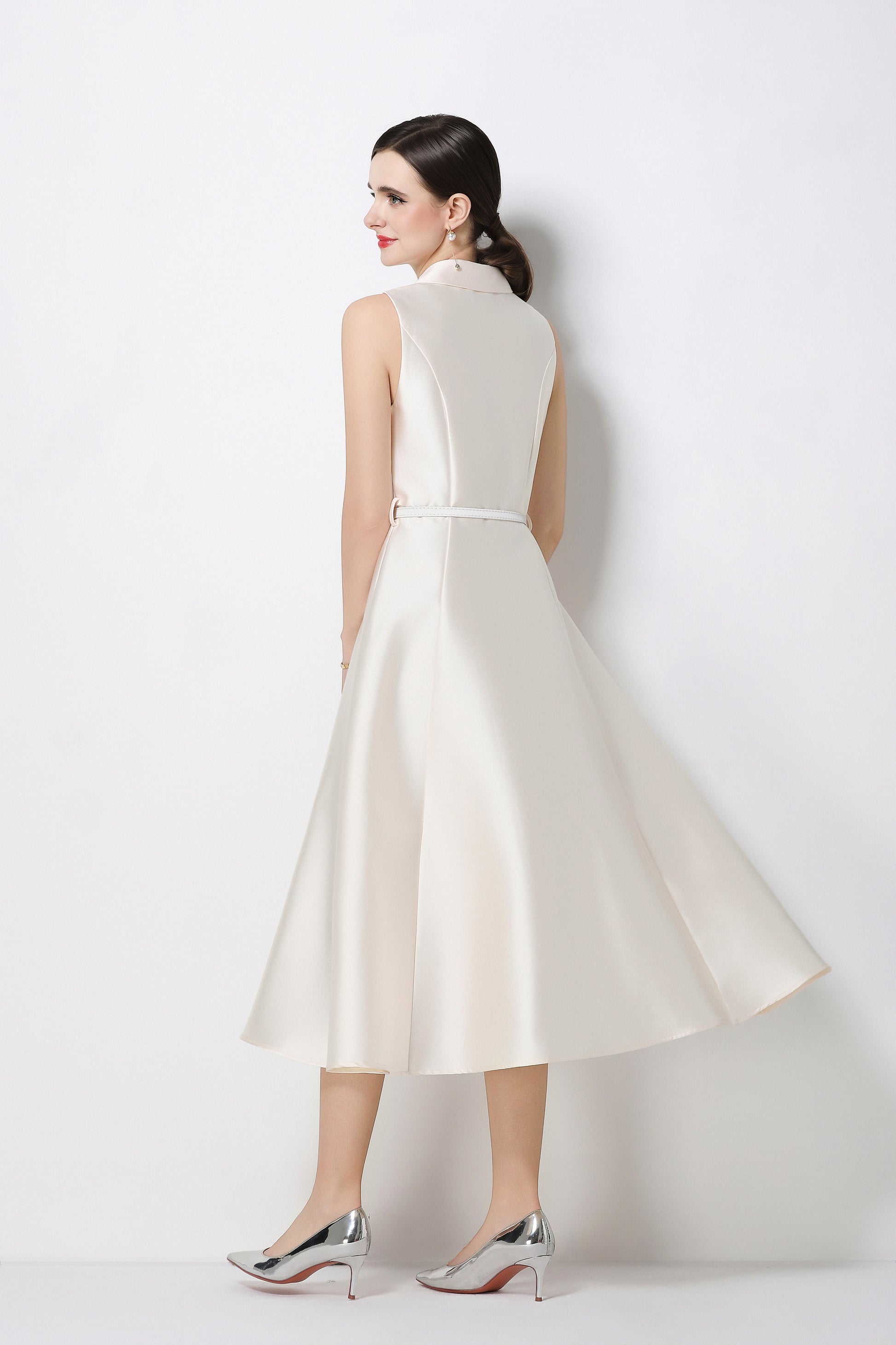 Chic White Sleeveless Midi Dress with Pockets - LAI MENG FIVE CATS
