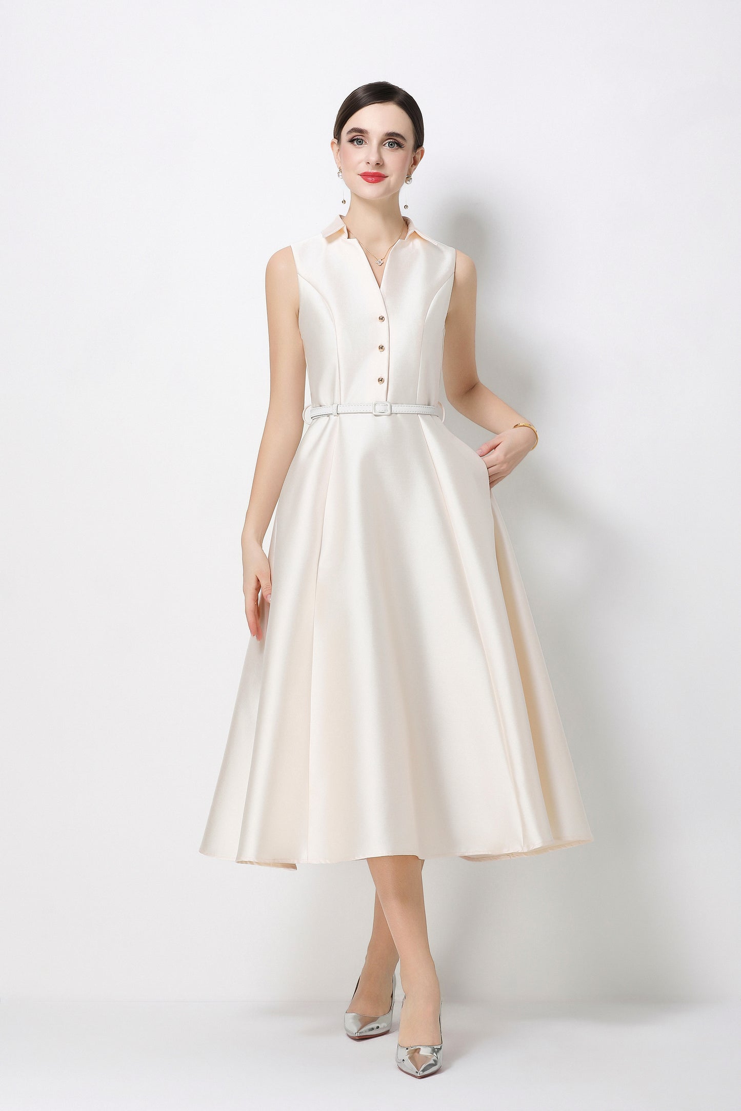 Chic White Sleeveless Midi Dress with Pockets - LAI MENG FIVE CATS