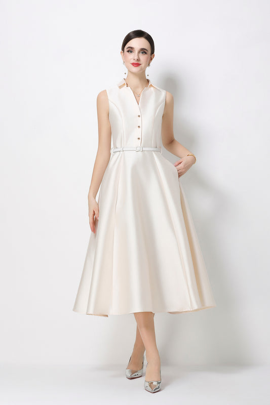 Chic White Sleeveless Midi Dress with Pockets - LAI MENG FIVE CATS