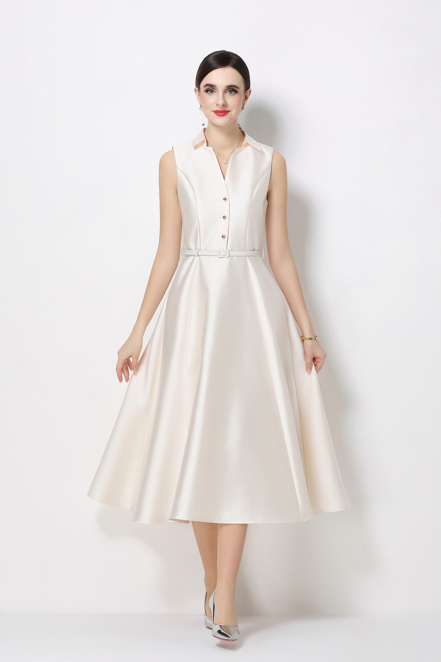 Chic White Sleeveless Midi Dress with Pockets - LAI MENG FIVE CATS