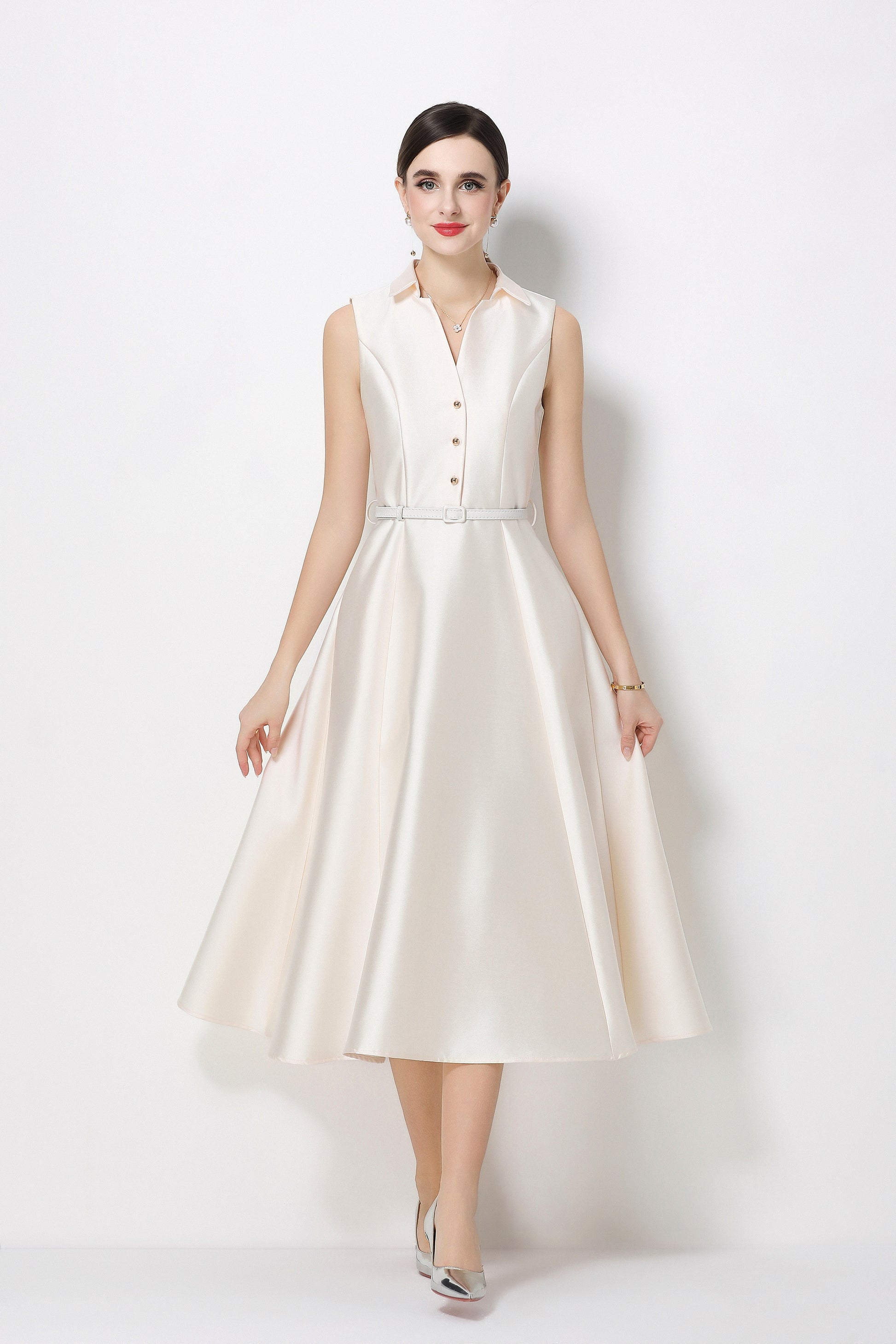 Chic White Sleeveless Midi Dress with Pockets - LAI MENG FIVE CATS