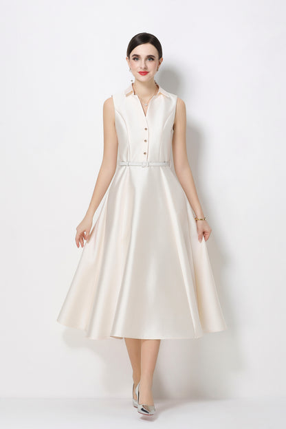 Chic White Sleeveless Midi Dress with Pockets - LAI MENG FIVE CATS