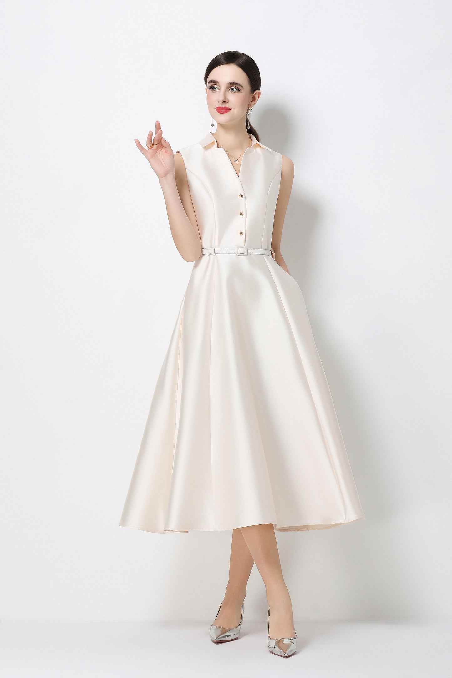 Chic White Sleeveless Midi Dress with Pockets - LAI MENG FIVE CATS