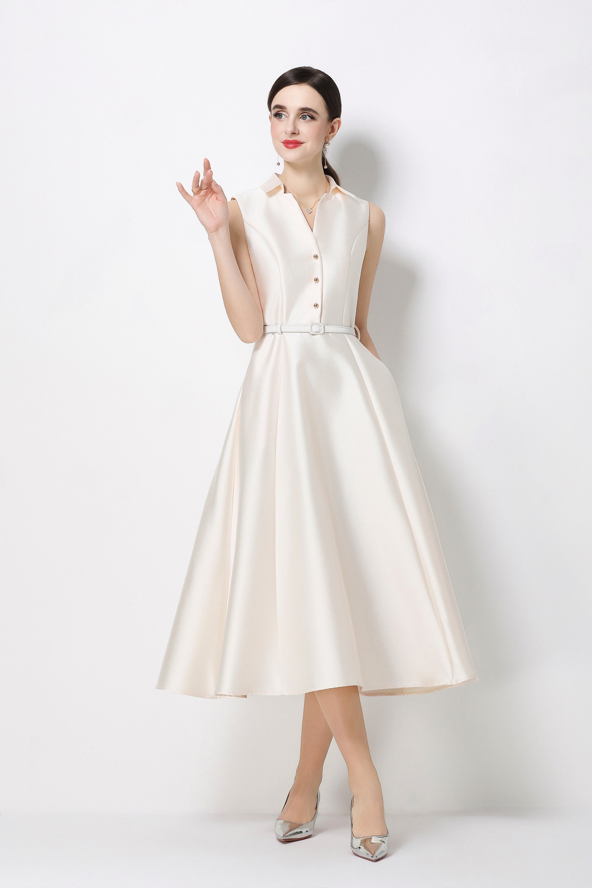 Chic White Sleeveless Midi Dress with Pockets - LAI MENG FIVE CATS