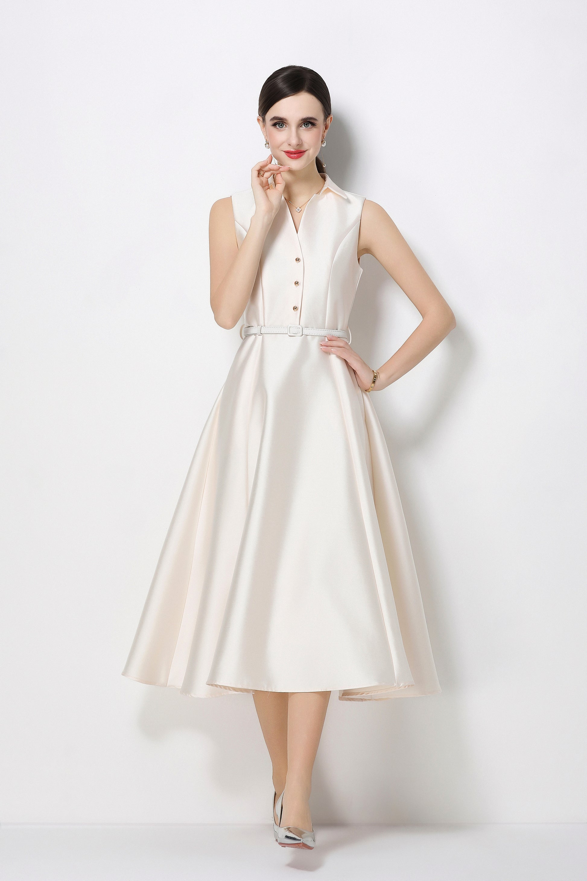 Chic White Sleeveless Midi Dress with Pockets  LAI MENG FIVE CATS