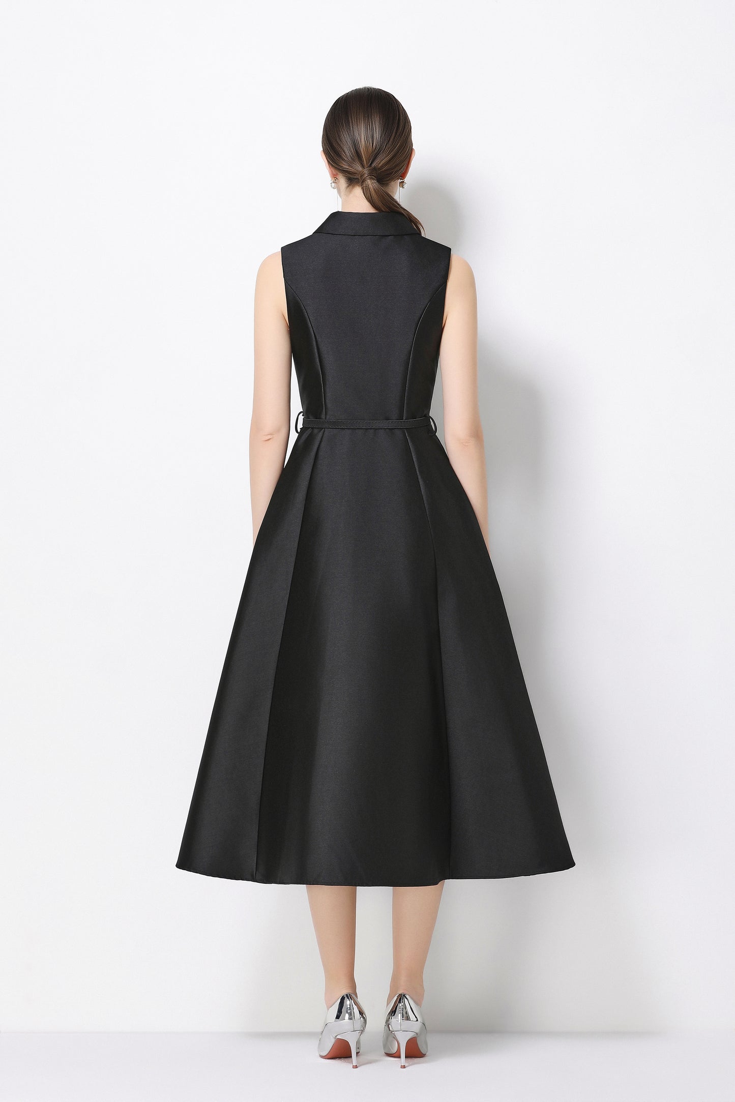 Elegant Black Sleeveless A-Line Midi Dress with Belt & Pockets - LAI MENG FIVE CATS