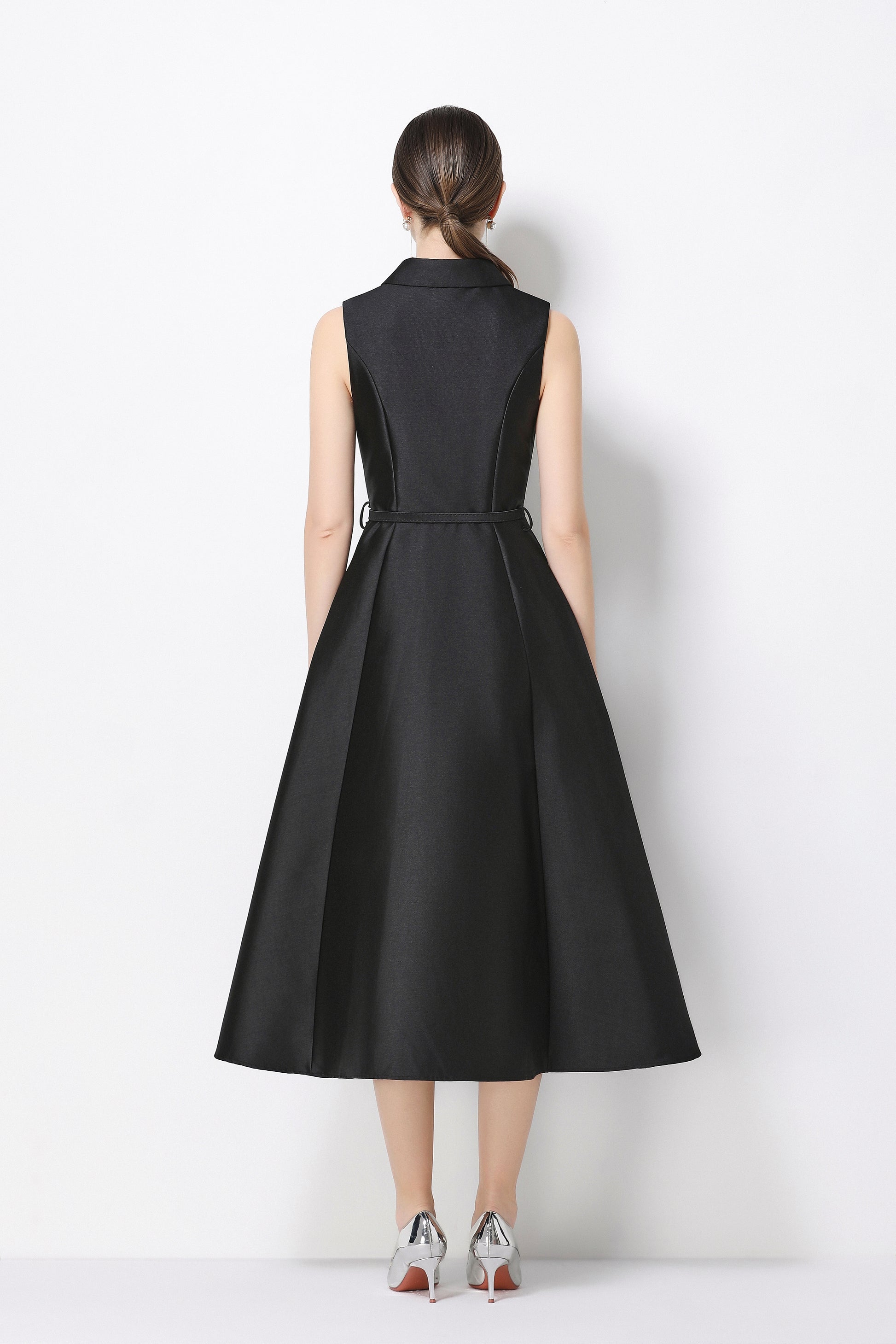 Elegant Black Sleeveless A-Line Midi Dress with Belt & Pockets - LAI MENG FIVE CATS