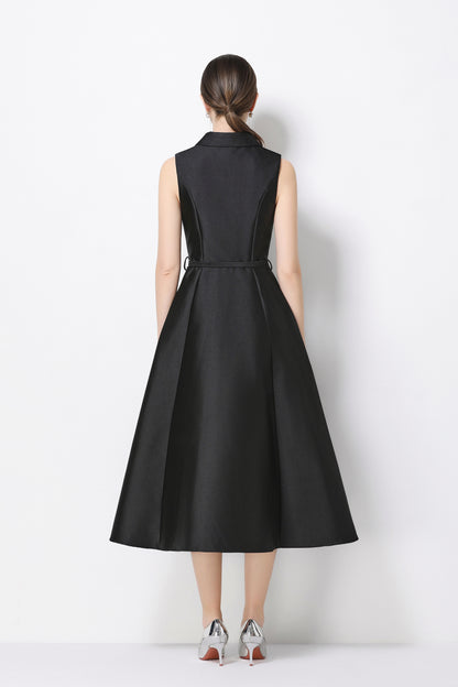 Elegant Black Sleeveless A-Line Midi Dress with Belt & Pockets - LAI MENG FIVE CATS