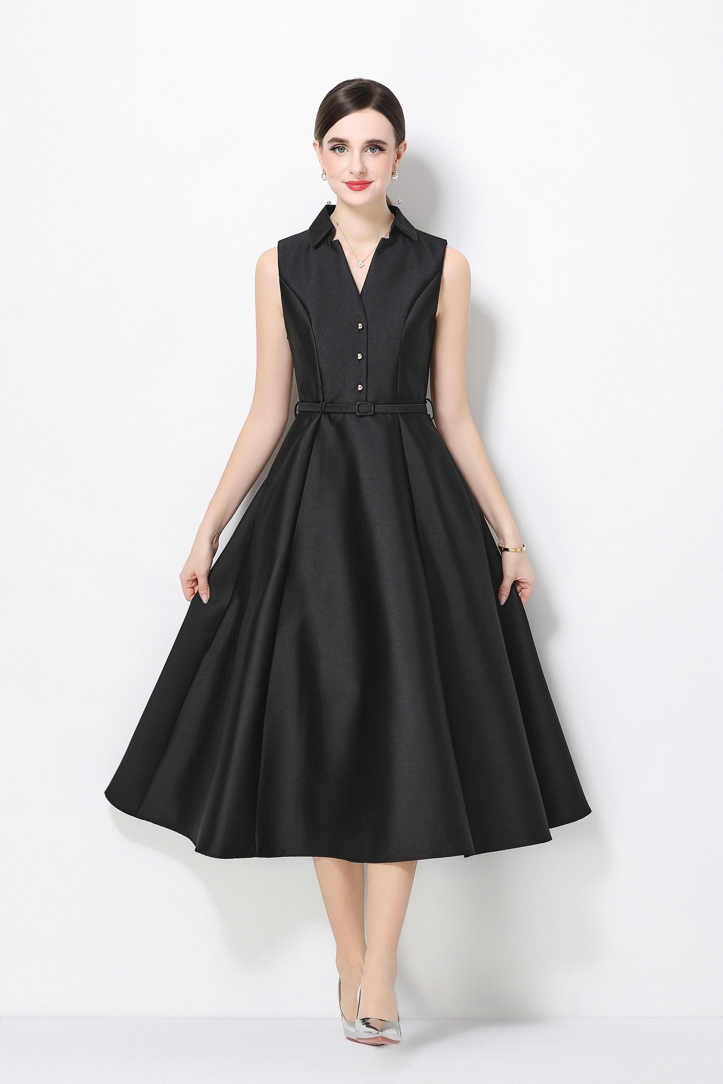 Elegant Black Sleeveless A-Line Midi Dress with Belt & Pockets - LAI MENG FIVE CATS