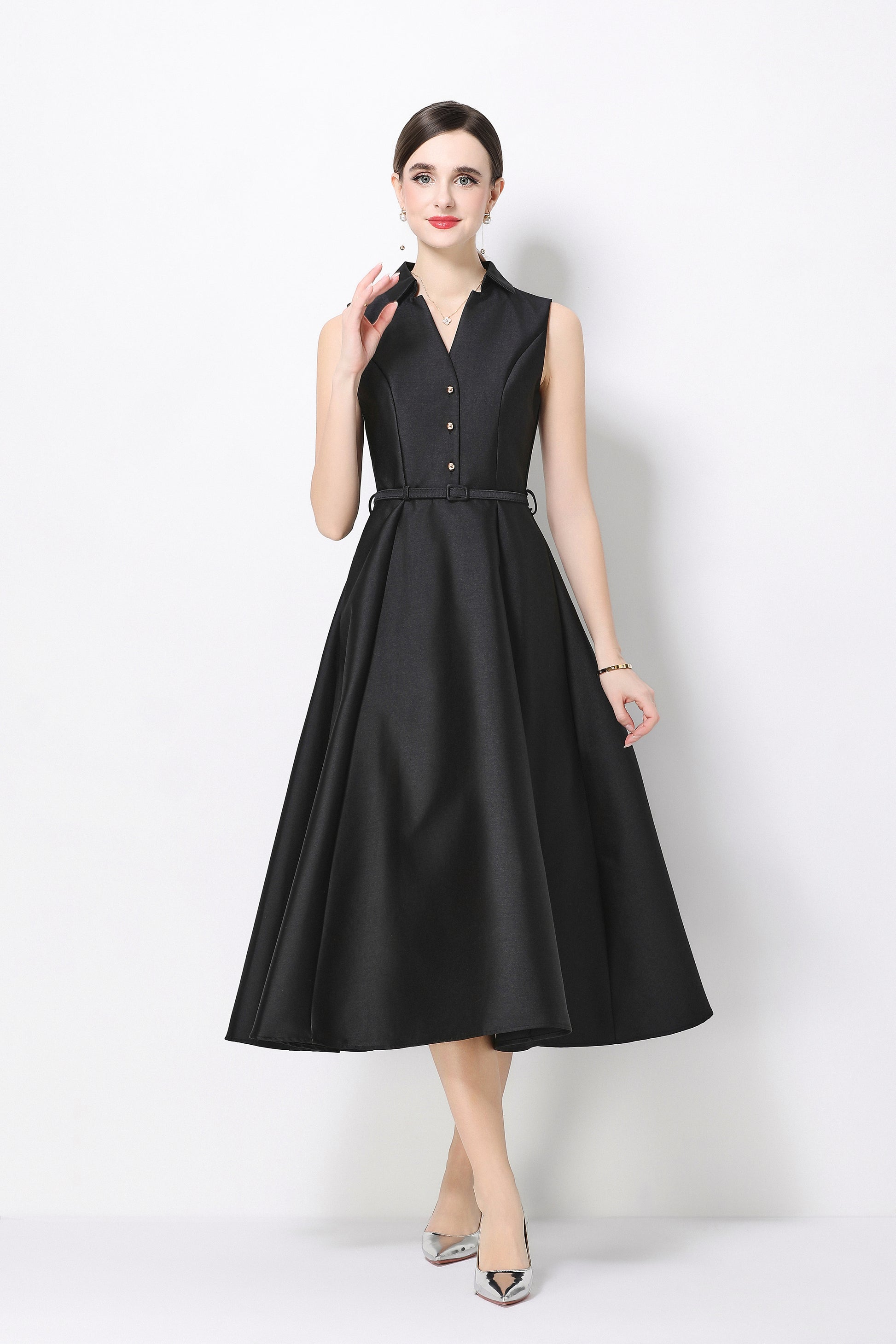Elegant Black Sleeveless A-Line Midi Dress with Belt & Pockets - LAI MENG FIVE CATS