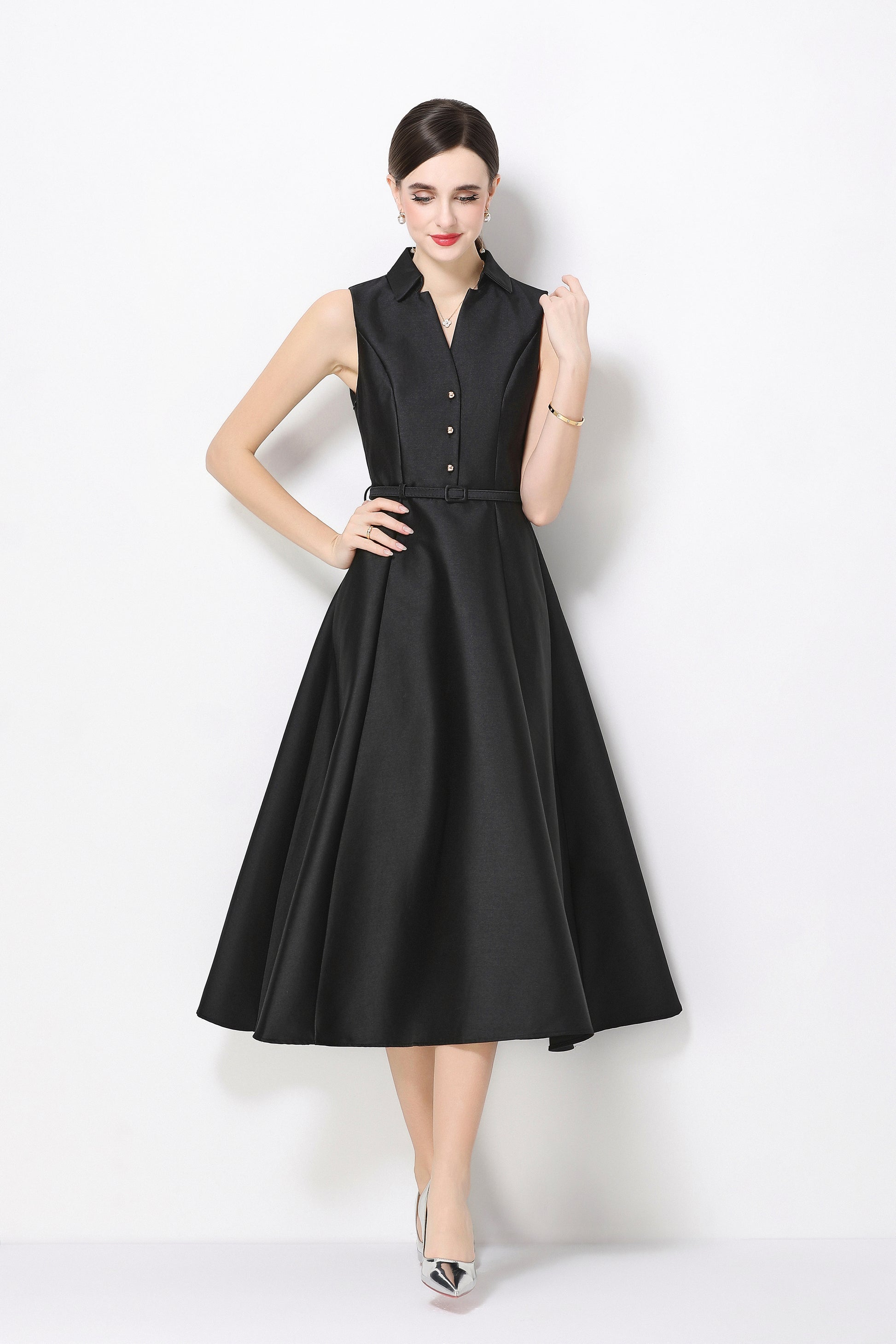 Elegant Black Sleeveless A-Line Midi Dress with Belt & Pockets - LAI MENG FIVE CATS