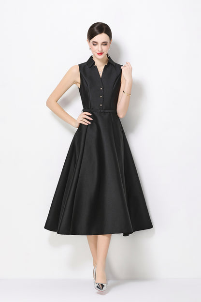 Elegant Black Sleeveless A-Line Midi Dress with Belt & Pockets - LAI MENG FIVE CATS