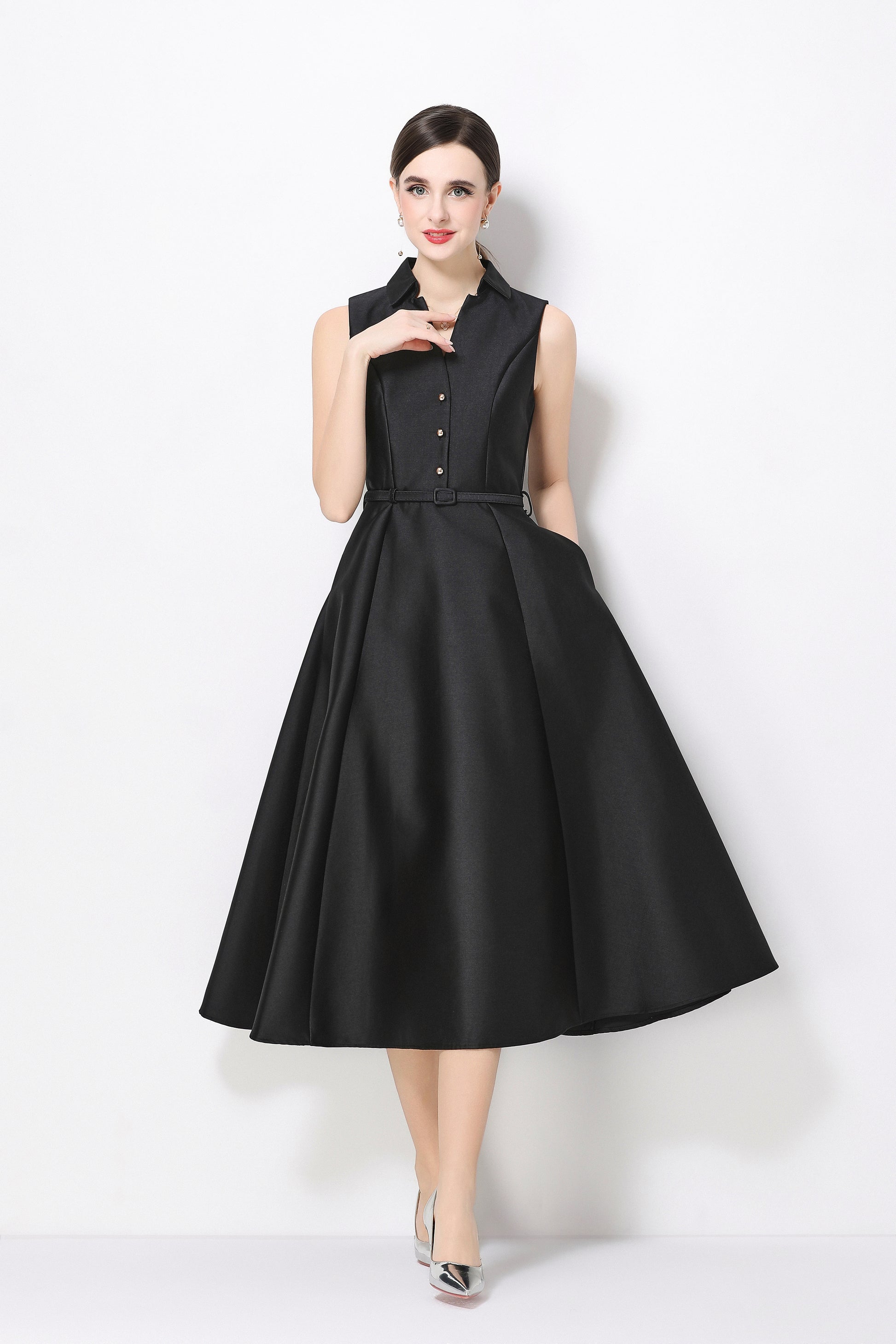 Elegant Black Sleeveless A-Line Midi Dress with Belt & Pockets LAI MENG FIVE CATS Elegant Black Sleeveless A-Line Midi Dress with Belt & Pockets LAI MENG FIVE CATS