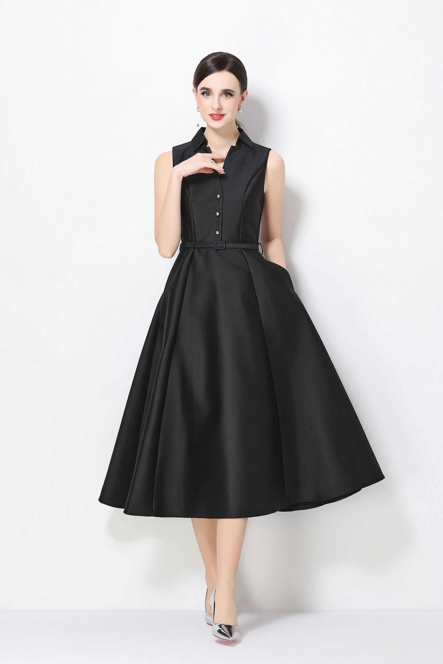 Elegant Black Sleeveless A-Line Midi Dress with Belt & Pockets - LAI MENG FIVE CATS