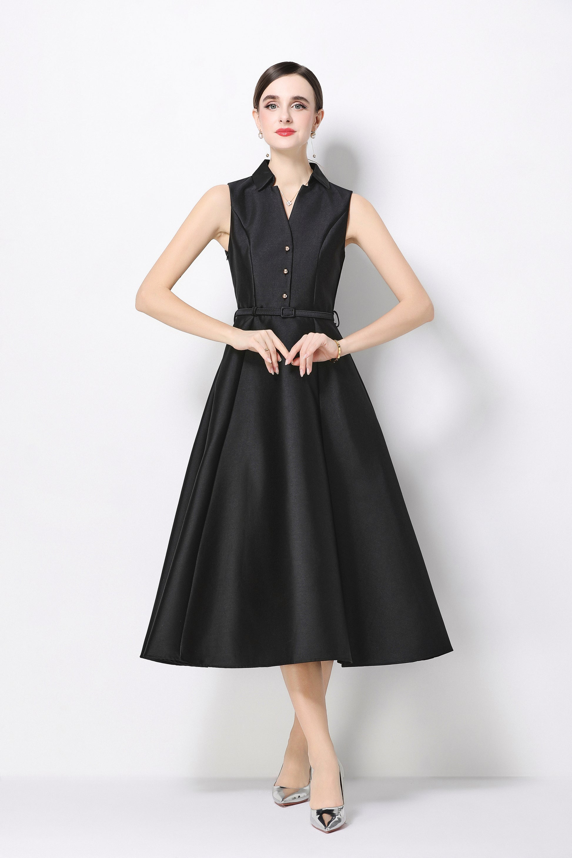 Elegant Black Sleeveless A-Line Midi Dress with Belt & Pockets - LAI MENG FIVE CATS