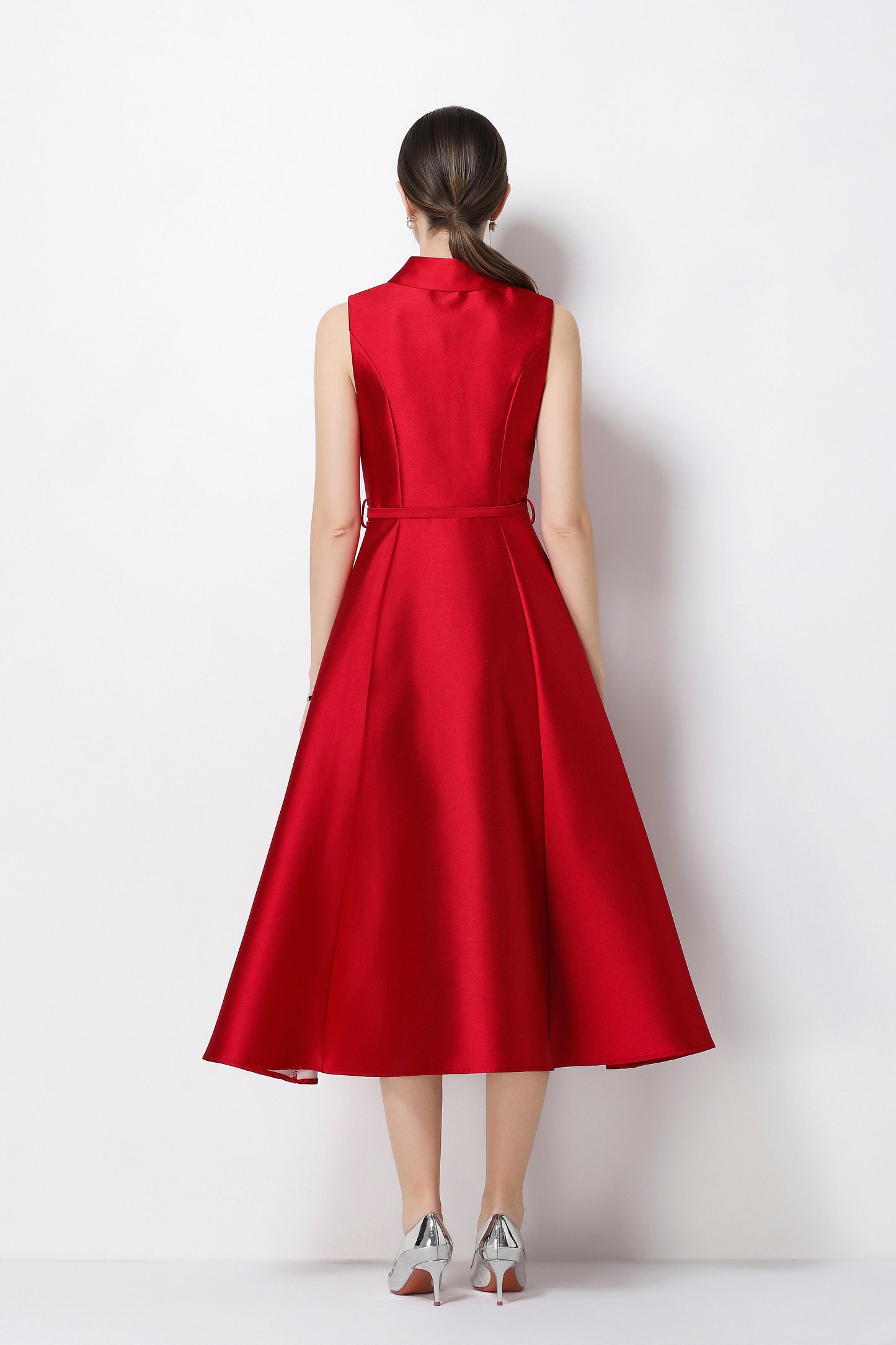 Elegant Red Fit & Flare Midi Dress with Belt & Pockets - LAI MENG FIVE CATS