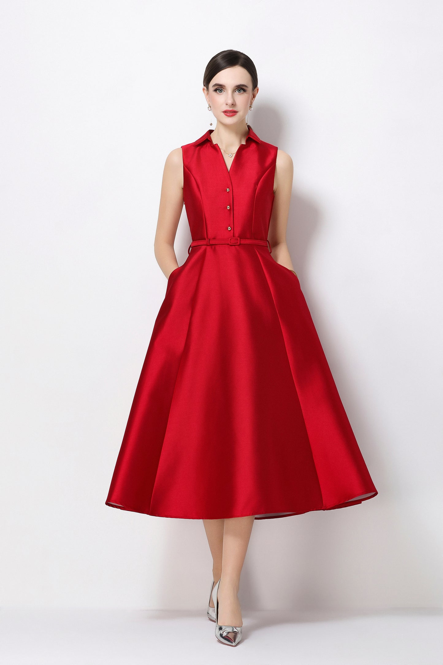 Elegant Red Fit & Flare Midi Dress with Belt & Pockets - LAI MENG FIVE CATS