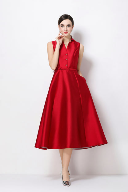 Elegant Red Fit & Flare Midi Dress with Belt & Pockets - LAI MENG FIVE CATS