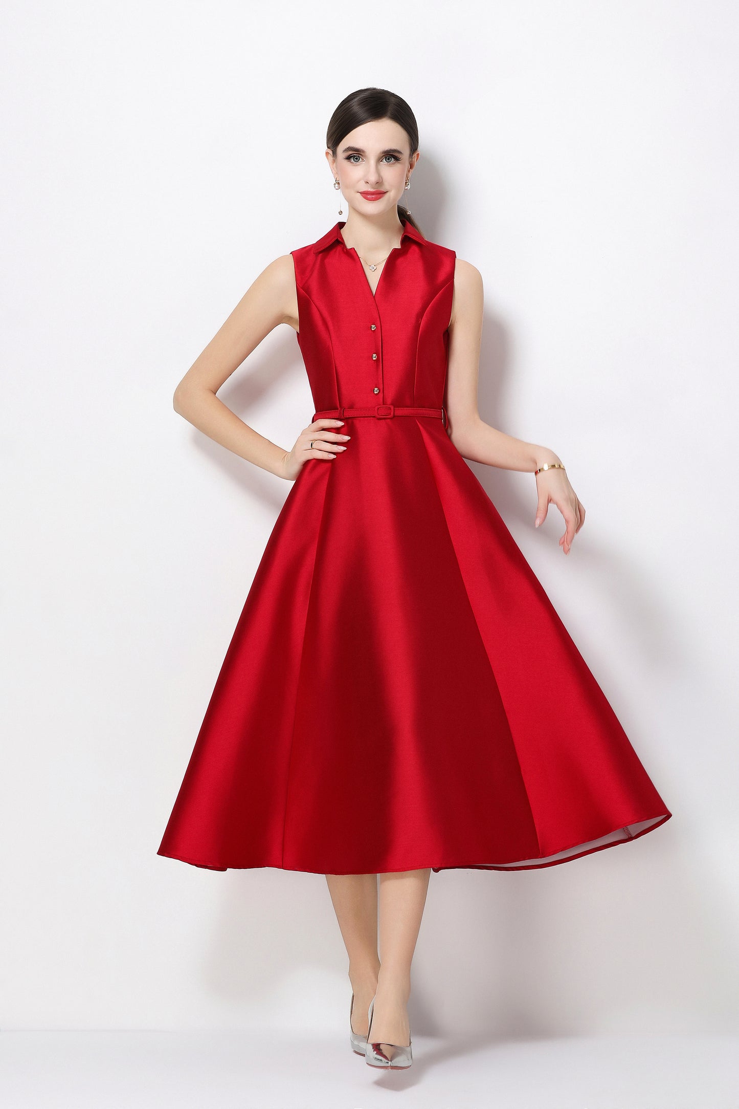 Elegant Red Fit & Flare Midi Dress with Belt & Pockets - LAI MENG FIVE CATS