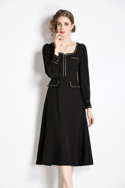 Women's square collar contrasting color trim black midi dress