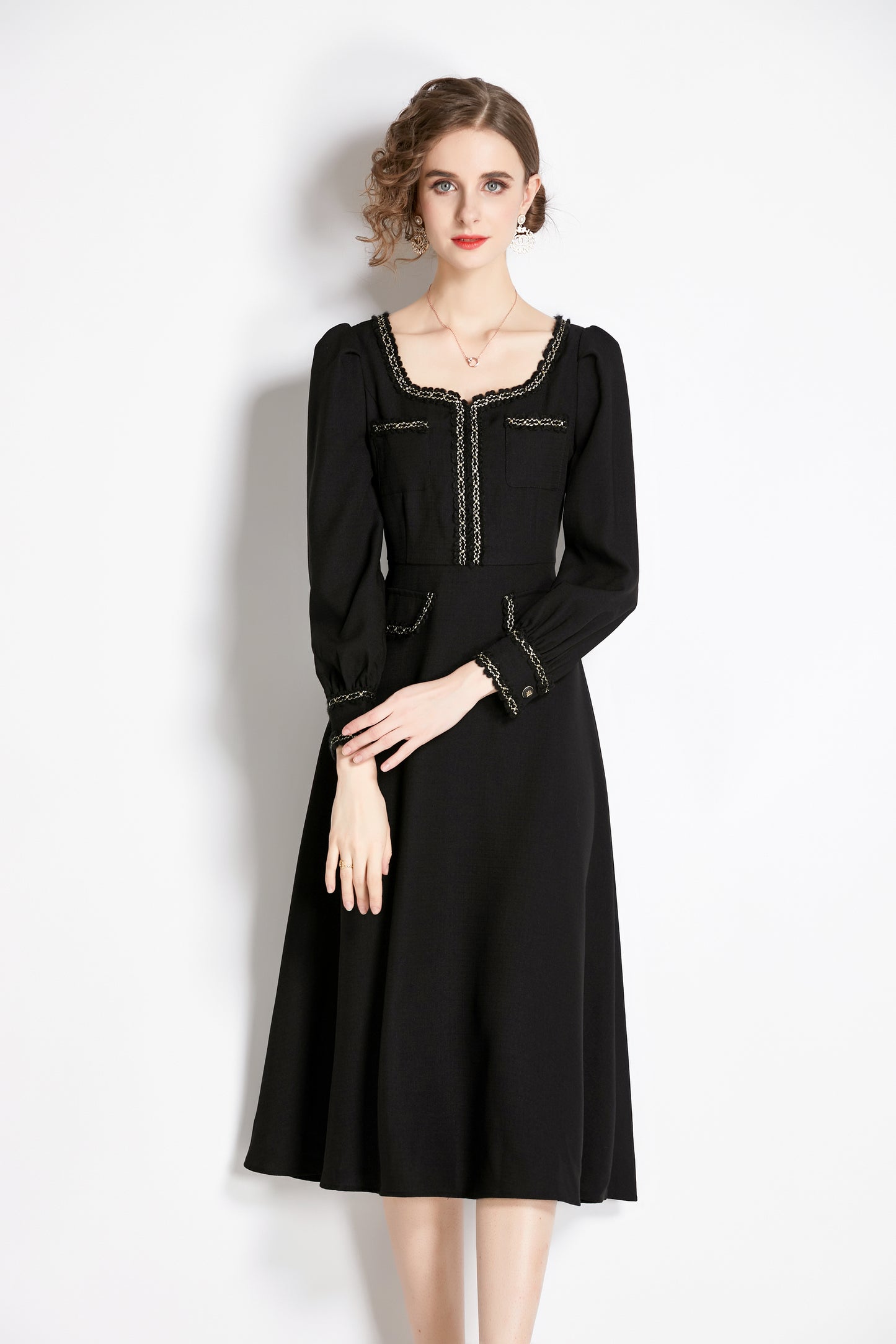 Women's square collar contrasting color trim black midi dress