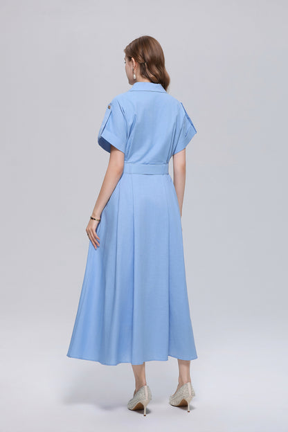 Lightblue Elegant Belted Loose Button Down Shirt Midi Dress