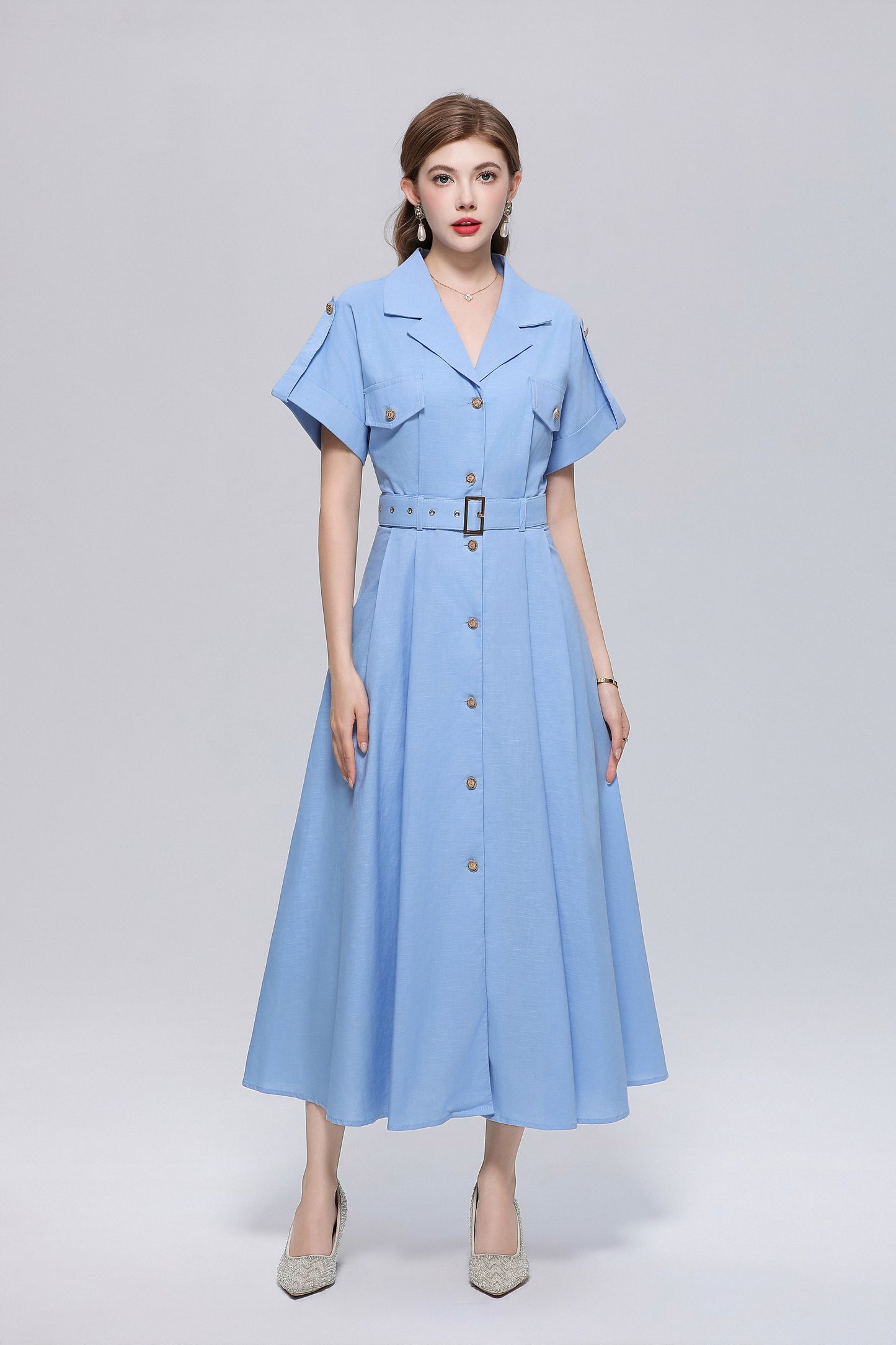 Lightblue Elegant Belted Loose Button Down Shirt Midi Dress