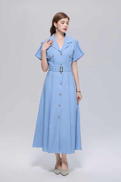 Lightblue Elegant Belted Loose Button Down Shirt Midi Dress