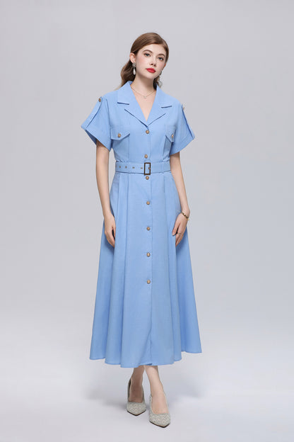 Lightblue Elegant Belted Loose Button Down Shirt Midi Dress LAI MENG FIVE CATS Lightblue Elegant Belted Loose Button Down Shirt Midi Dress LAI MENG FIVE CATS