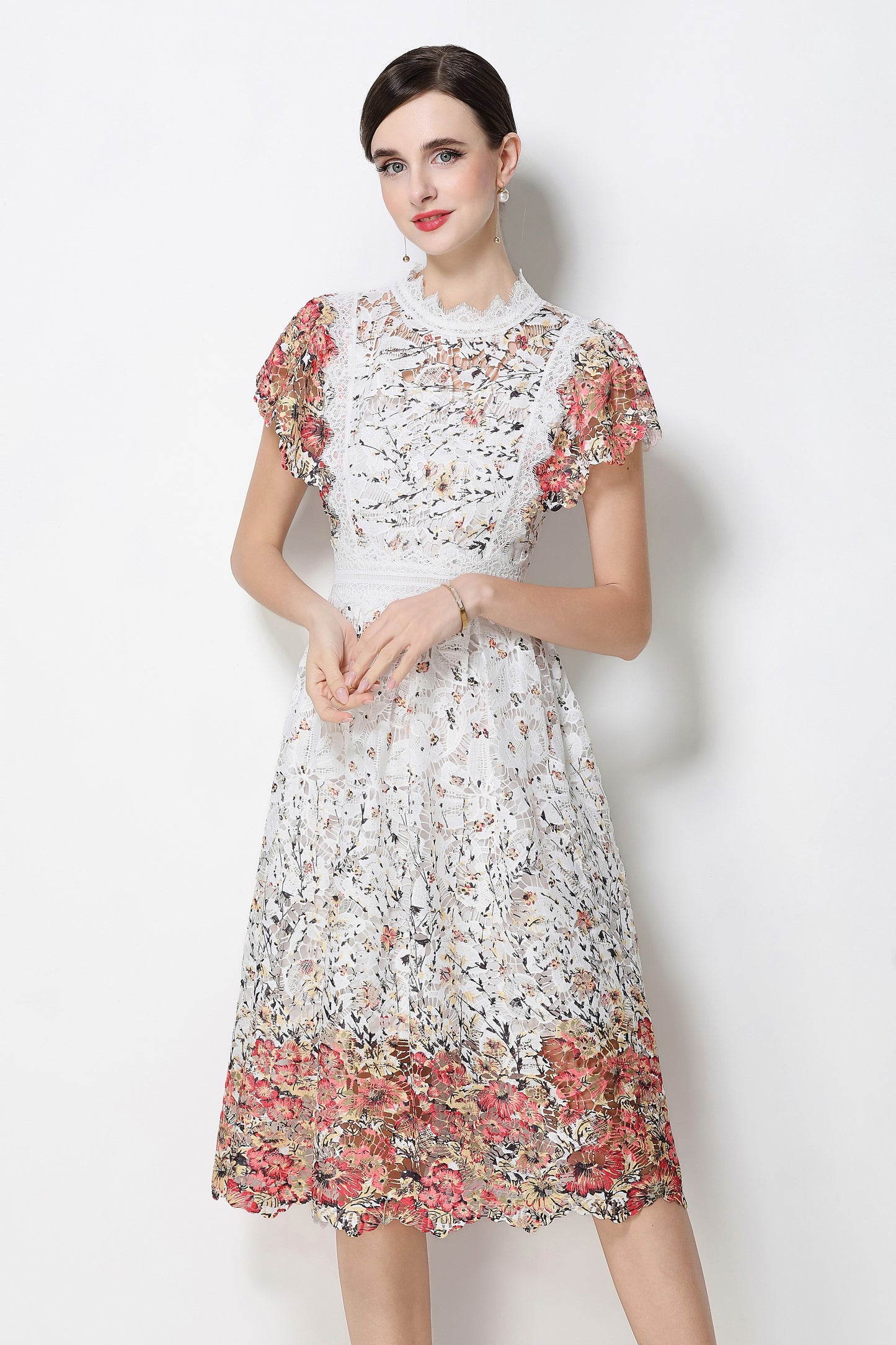 Lace-Embroidered Crochet Midi Dress - LAI MENG FIVE CATS
