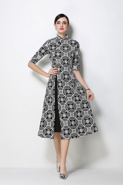 Elegant Embroidered Midi Dress with Mandarin Collar – Modern Qipao Style - LAI MENG FIVE CATS