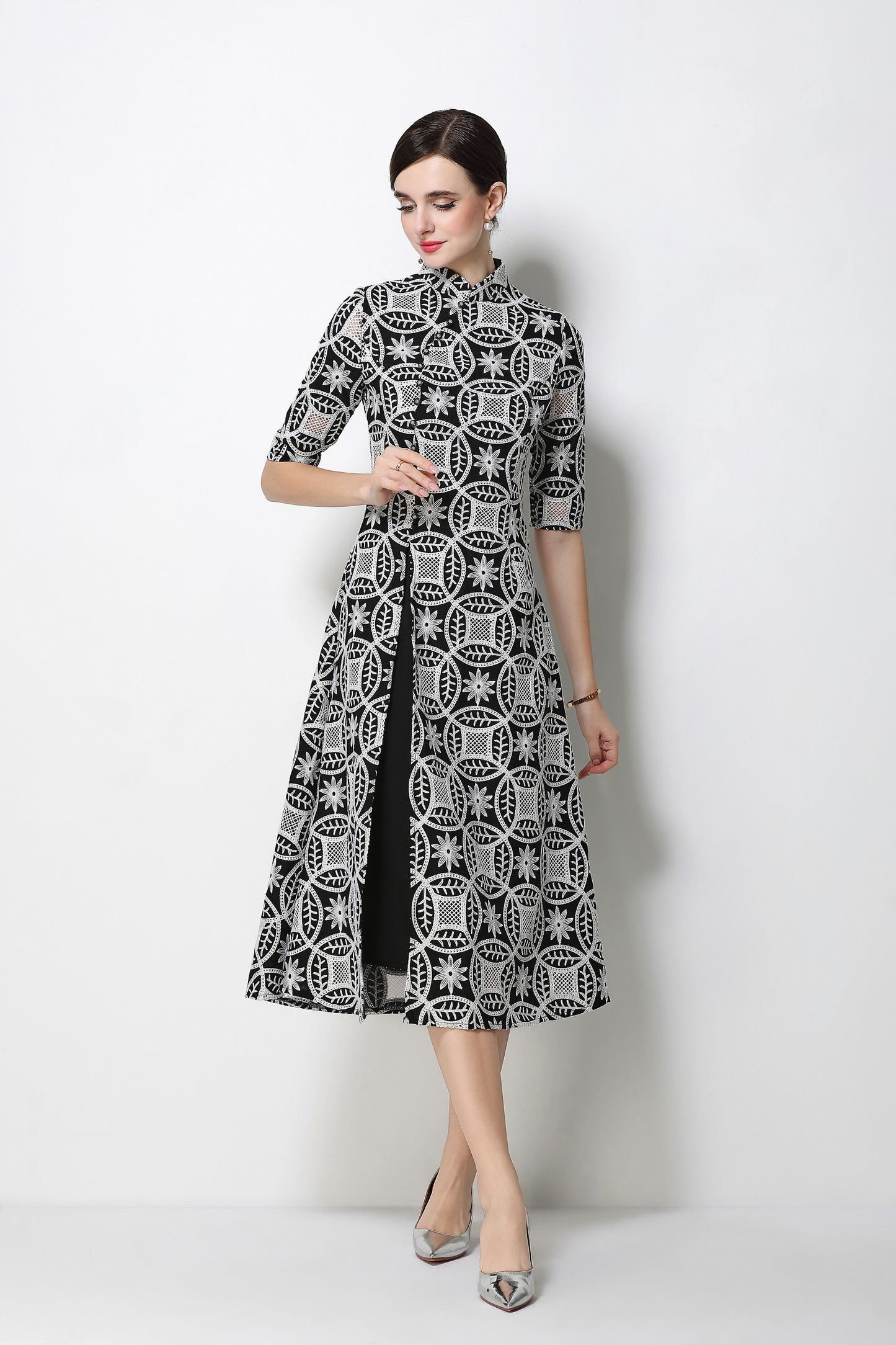 Elegant Embroidered Midi Dress with Mandarin Collar – Modern Qipao Style - LAI MENG FIVE CATS