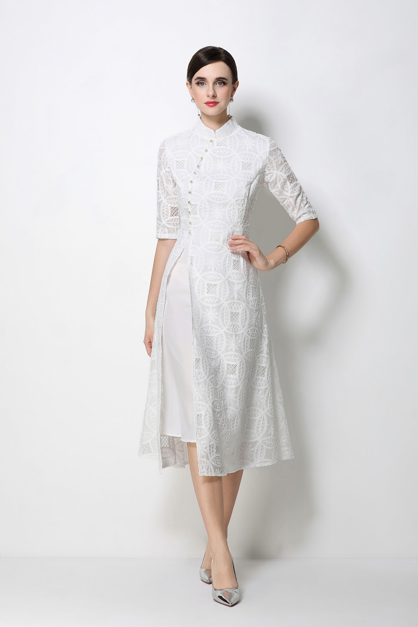 Elegant Embroidered Midi Dress with Mandarin Collar – Modern Qipao Style - LAI MENG FIVE CATS