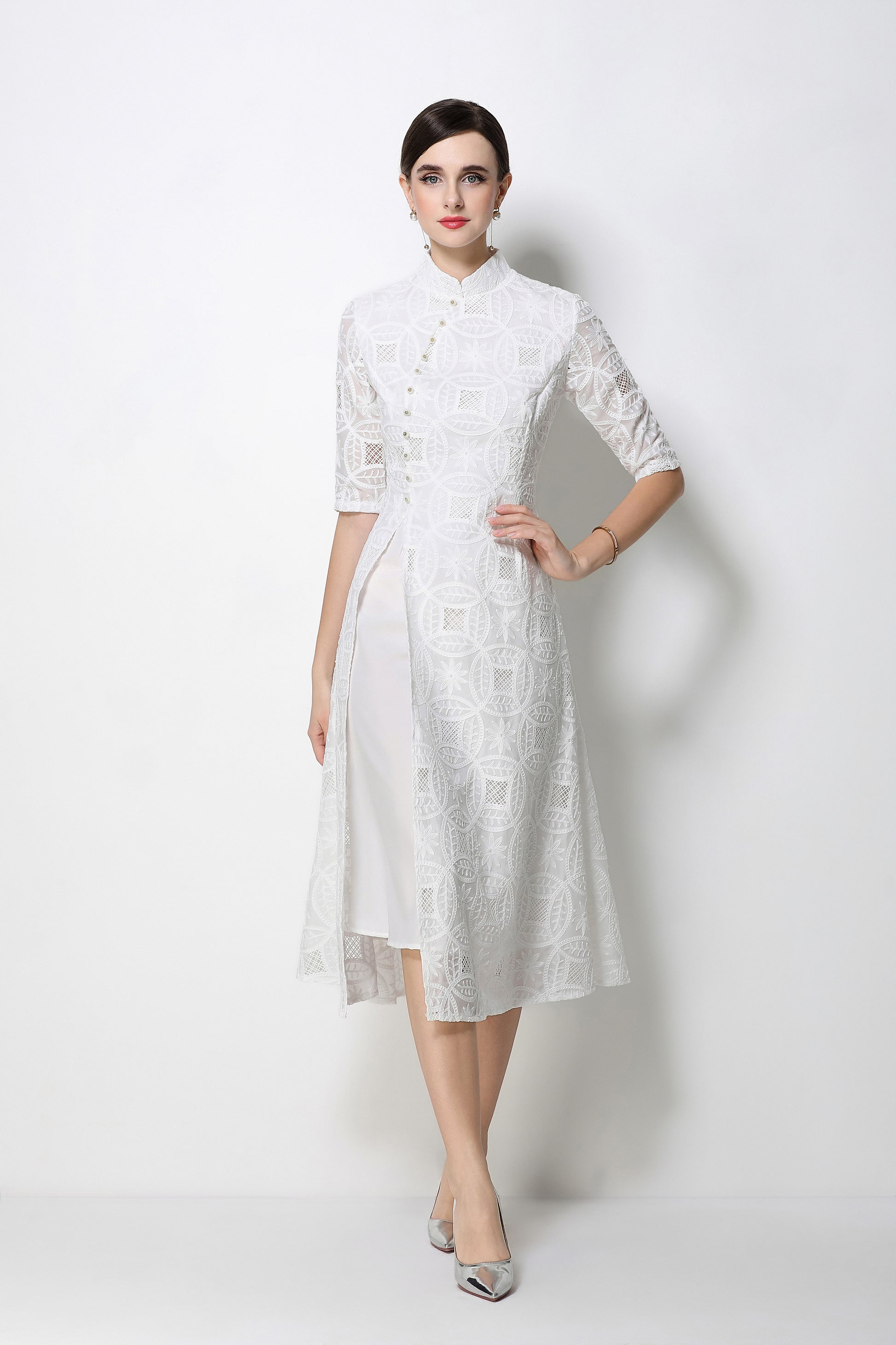 Elegant Embroidered Midi Dress with Mandarin Collar – Modern Qipao Style - LAI MENG FIVE CATS