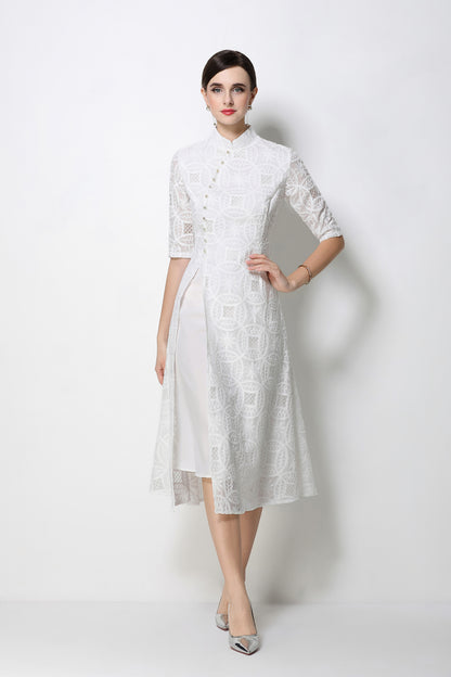 Elegant Embroidered Midi Dress with Mandarin Collar – Modern Qipao Style - LAI MENG FIVE CATS