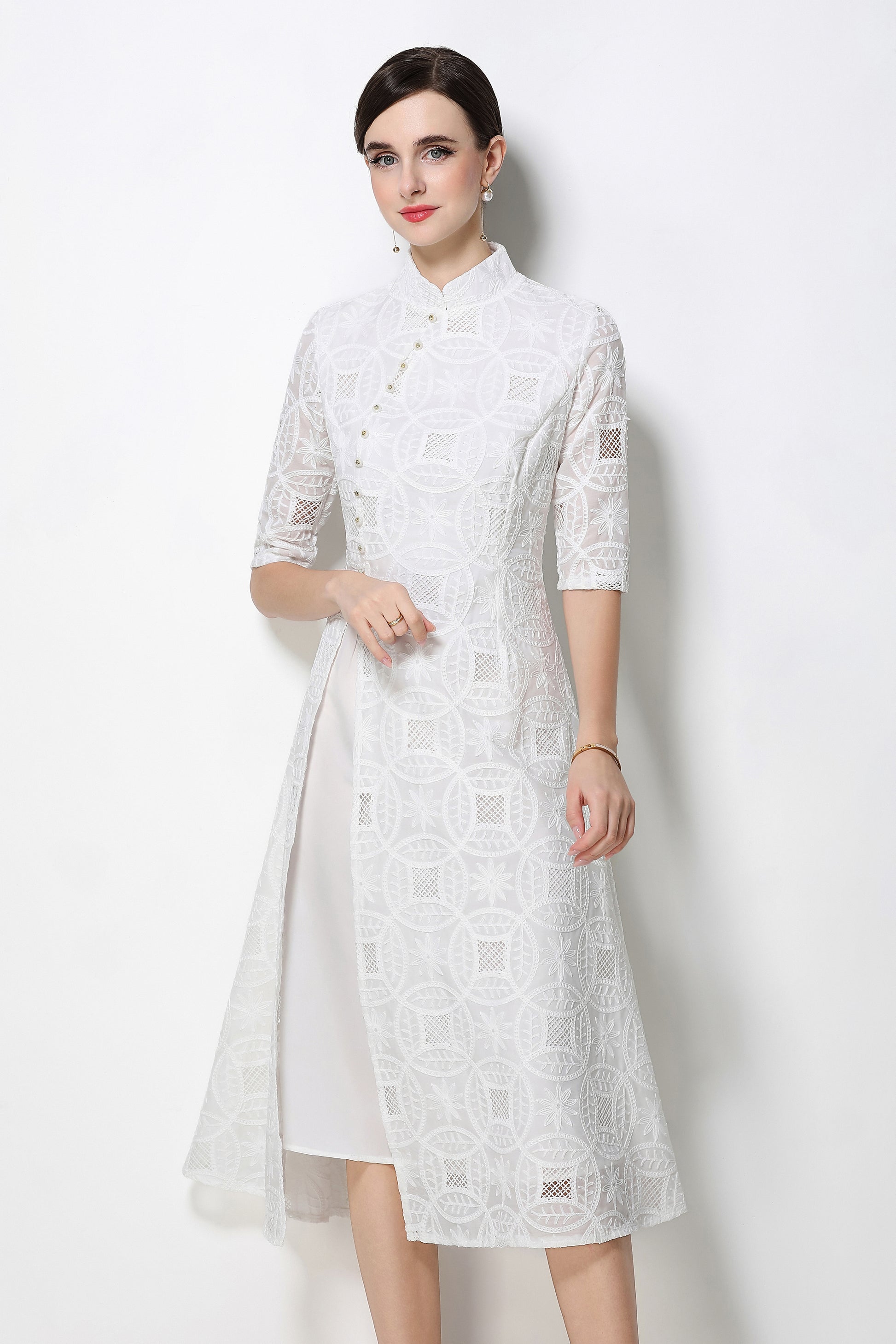 Elegant Embroidered Midi Dress with Mandarin Collar – Modern Qipao Style - LAI MENG FIVE CATS