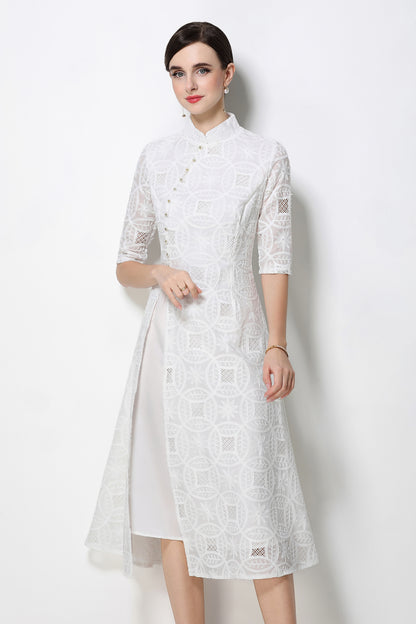Elegant Embroidered Midi Dress with Mandarin Collar – Modern Qipao Style - LAI MENG FIVE CATS