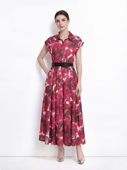 Elegant Floral Shirt Midi Dress with Belt