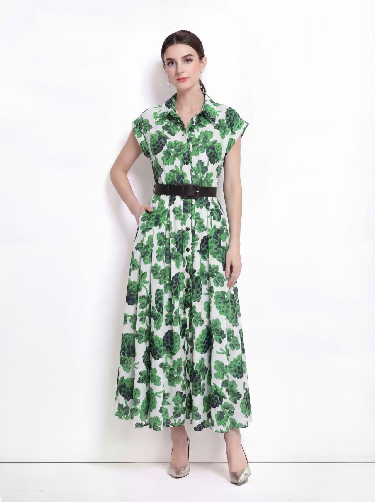 Elegant Green Floral Shirt Midi Dress with Belt