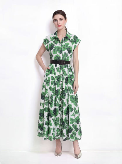 Elegant Green Floral Shirt Midi Dress with Belt