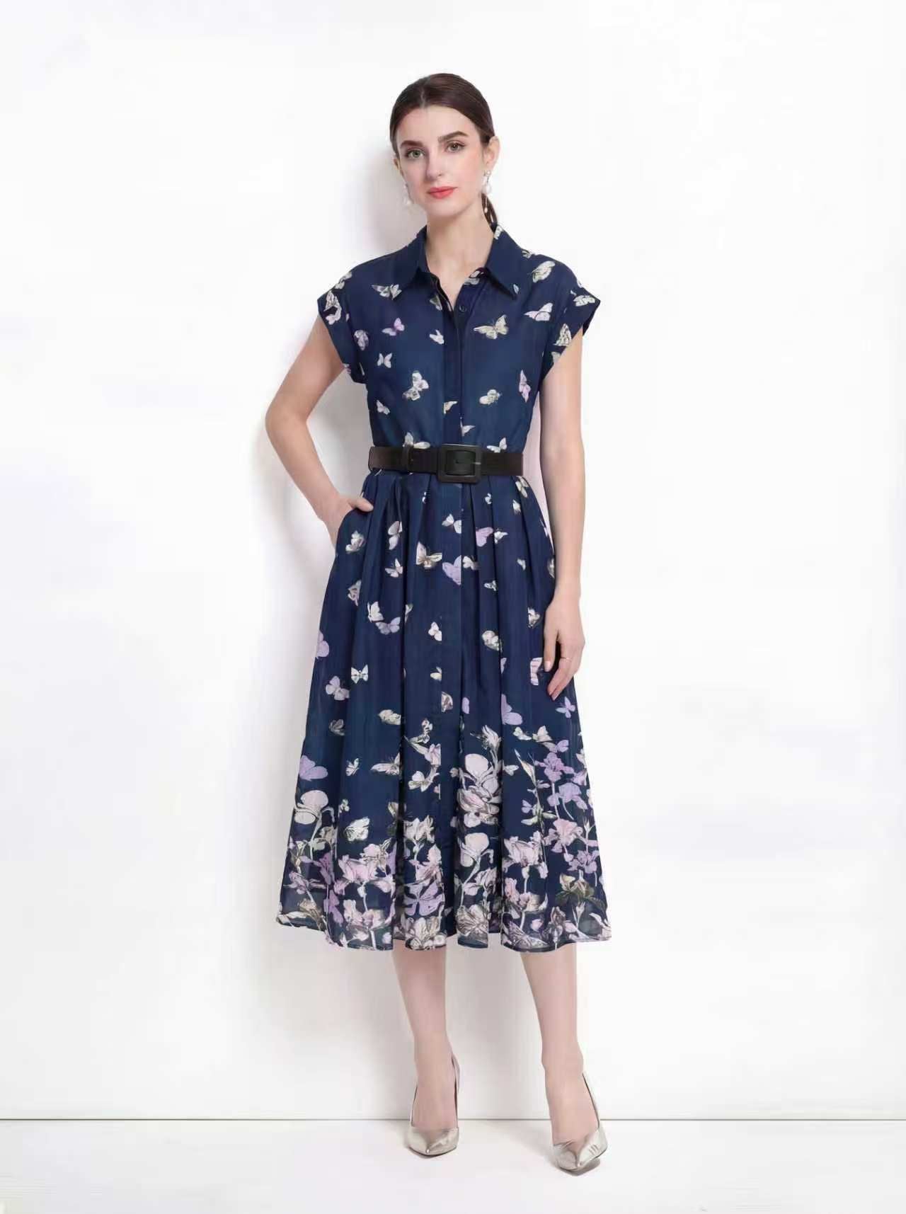 Elegant Navy Floral Shirt Midi Dress with Belt