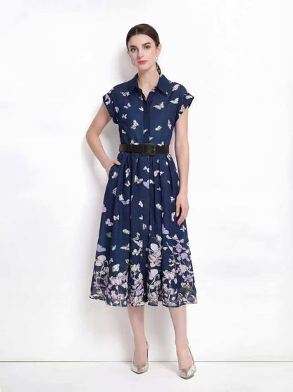 Elegant Navy Floral Shirt Midi Dress with Belt