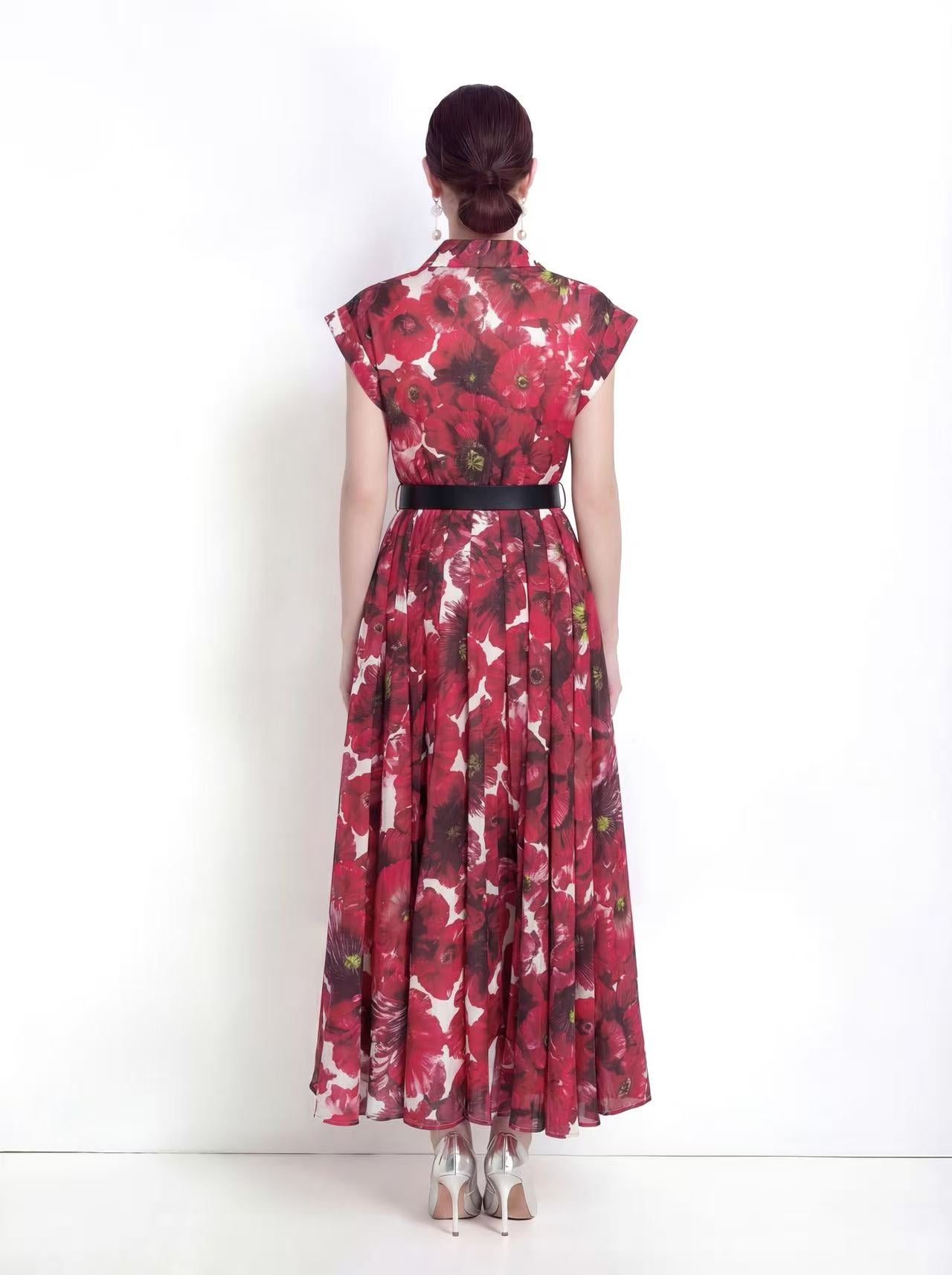 Elegant Floral Shirt Midi Dress with Belt