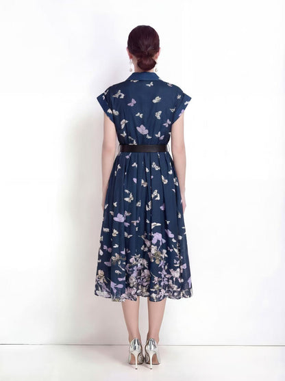 Elegant Navy Floral Shirt Midi Dress with Belt