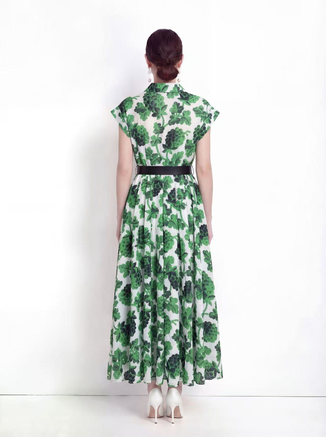 Elegant Green Floral Shirt Midi Dress with Belt